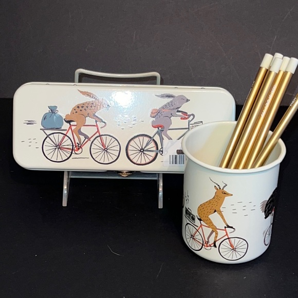 rabbits/aardvark/ostrich/caribou “Wild Rider” design metal pencil box & cup-NWT - Picture 2 of 16